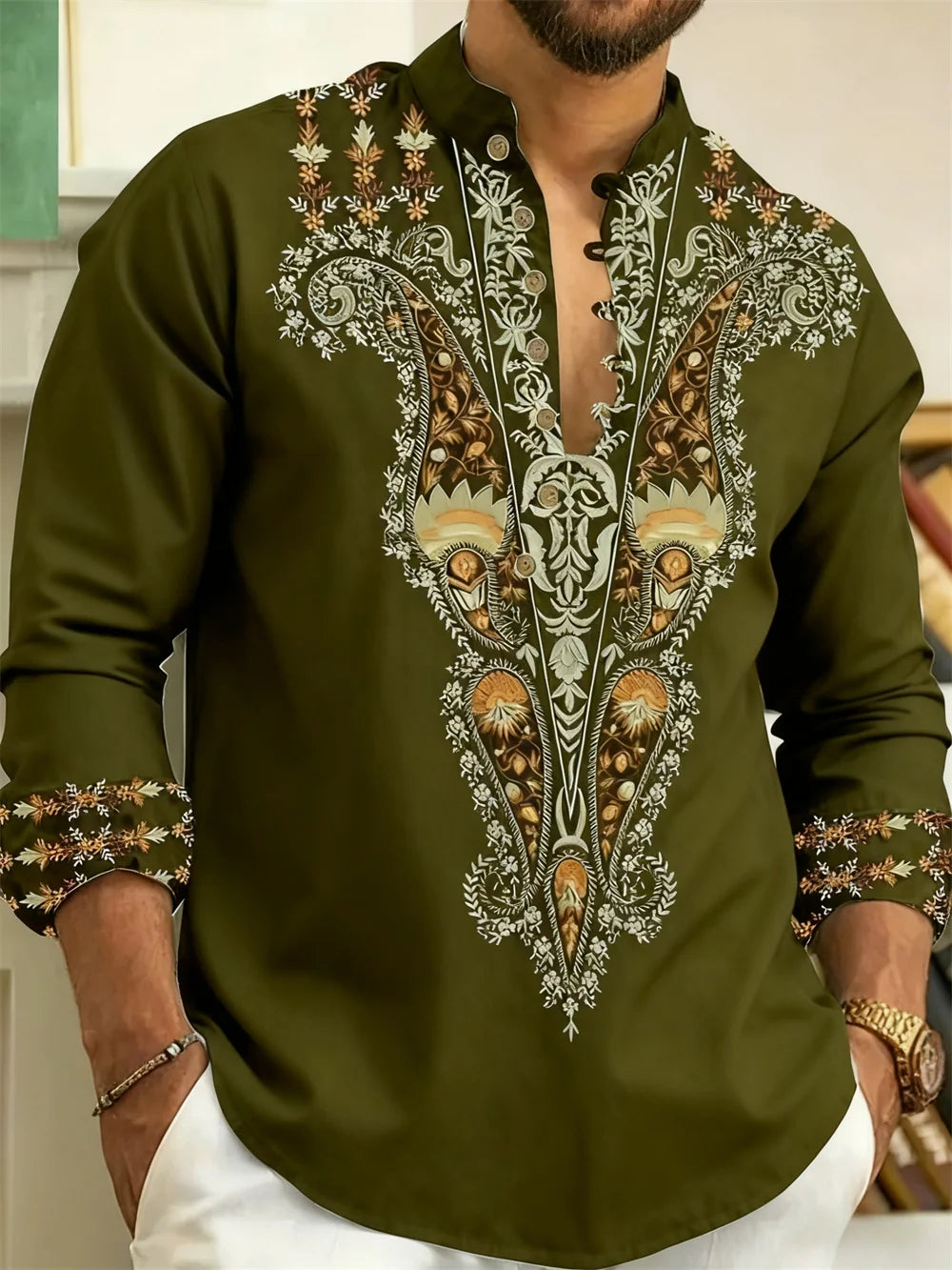 🎨 The Ethnic Floral Artisan: Premium Men’s Modern Long-Sleeve Shirt – High-Definition Tribal Botanical Graphic Print, Sophisticated Modern-Fit Tailoring, and Breathable All-Season Casual Button-Down ZW7807