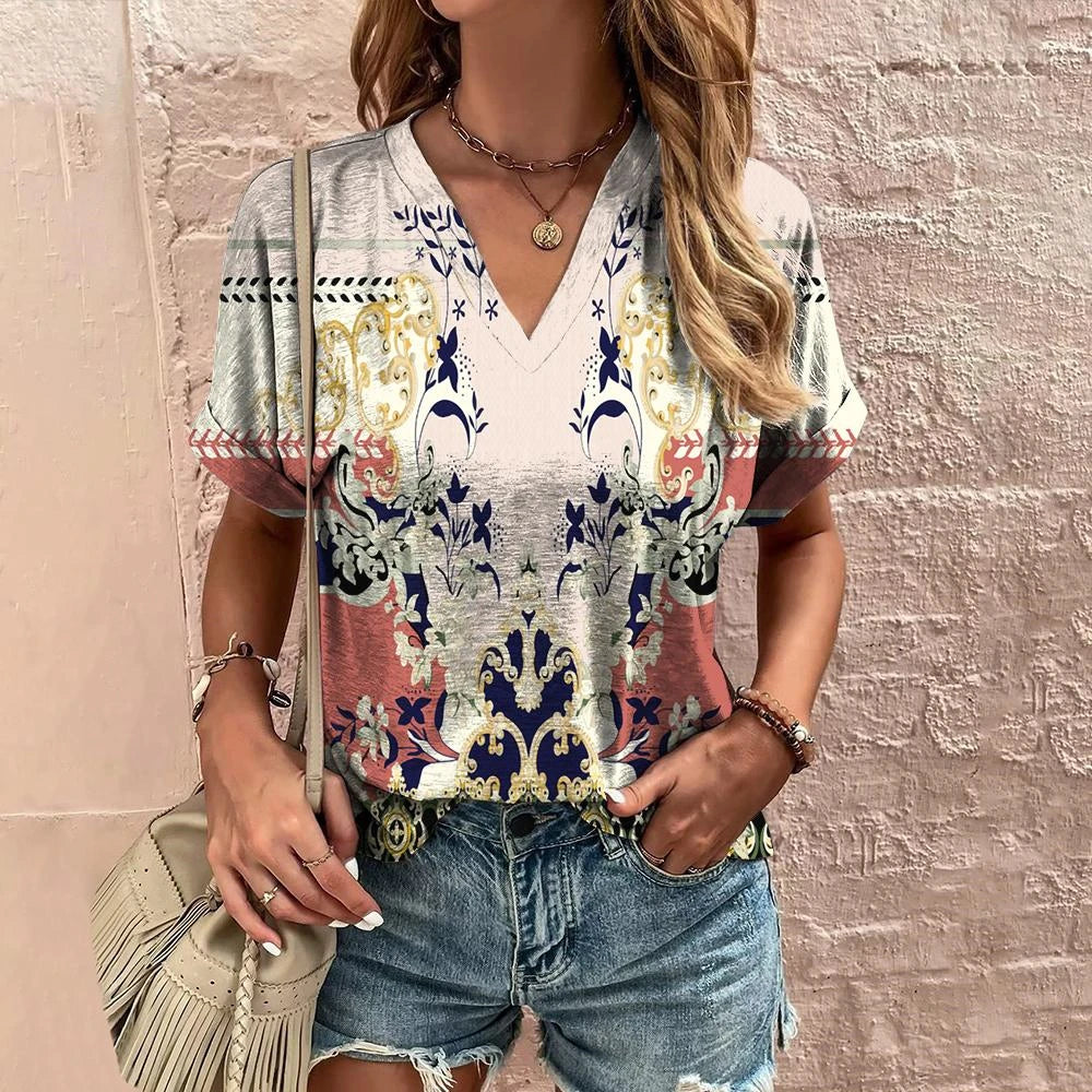 👚 Retro Women’s T-Shirt – Floral Print, Short Sleeve, V-Neck Harajuku Style Casual Blouse