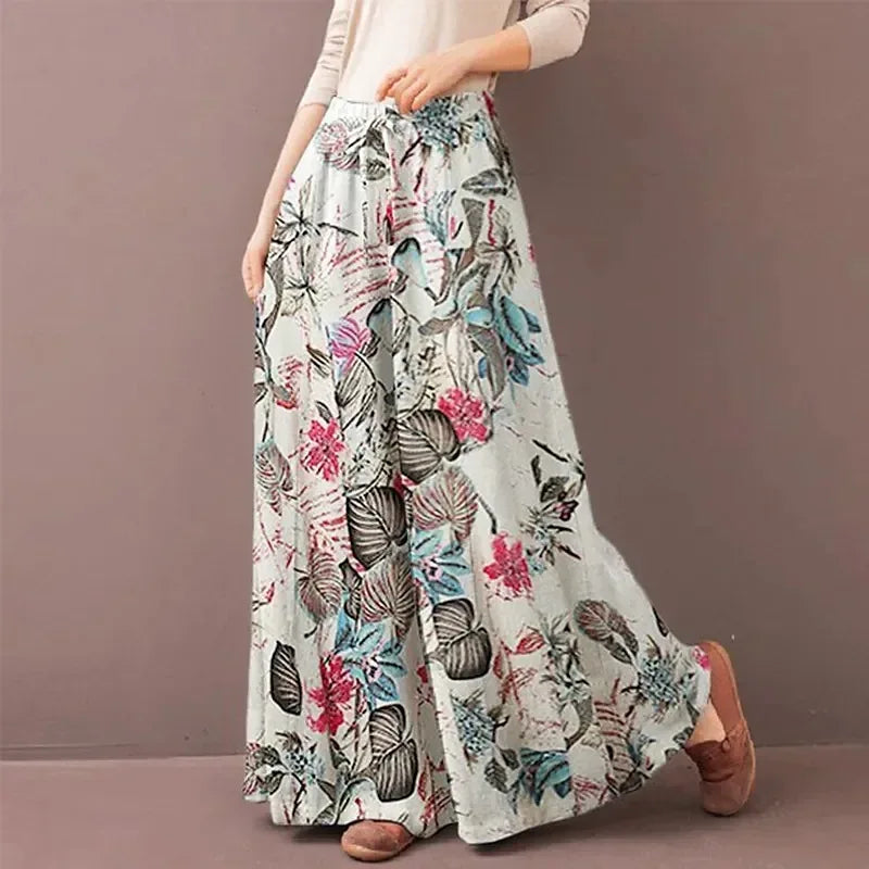 Women's Bohemian Floral Wide Leg Pants - Casual Drawstring Trousers for Spring and Autumn Red