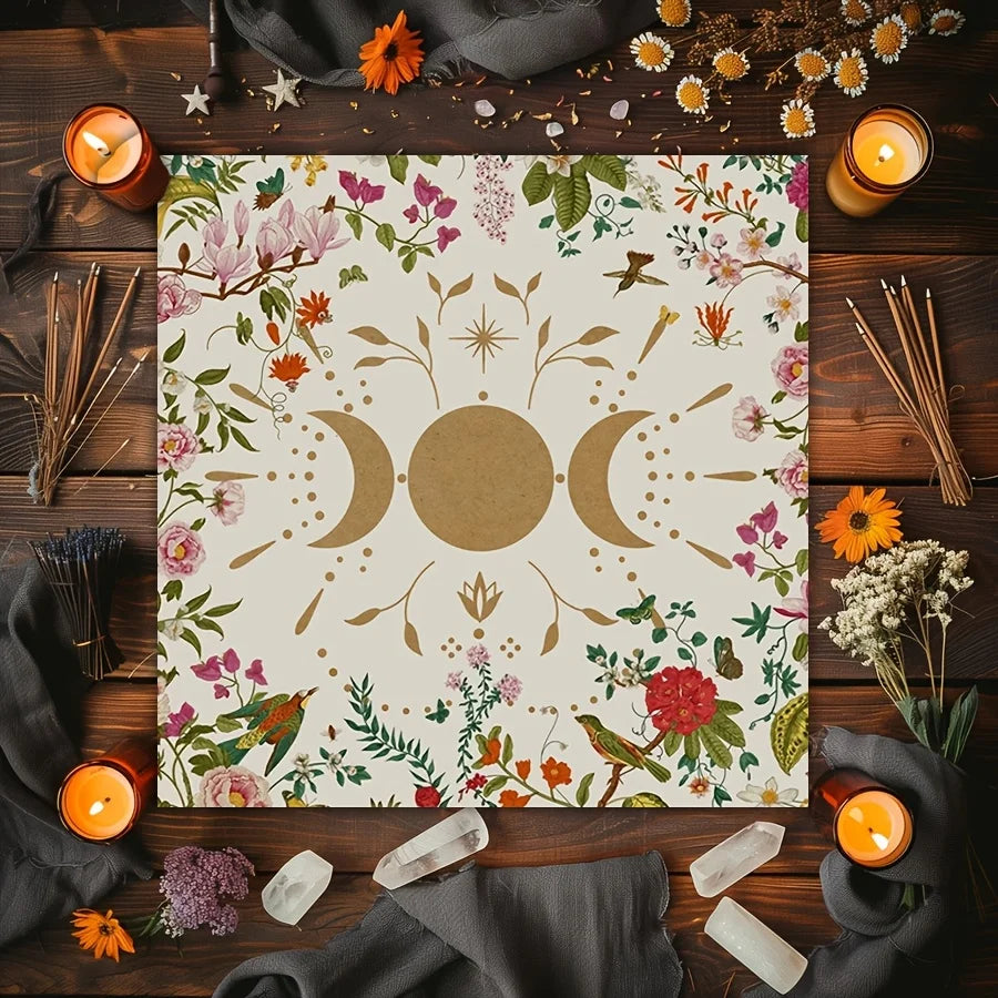 🌙 Lunar Phase Floral Altar Cloth | Tarot Reading Mat & Astrology-Themed Event Tablecloth – Mystical Floral Design for Sacred Space YLB-1051