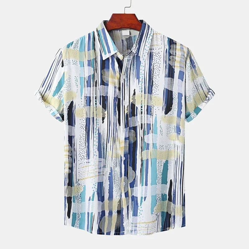 🎨 The Chromatic Patchwork Aloha Masterpiece: Premium Men's Vintage-Style Hawaiian Shirt – High-Definition Colorful Geometric Print, Breathable Short-Sleeve Button-Down, and Signature Loose-Fit Silhouette