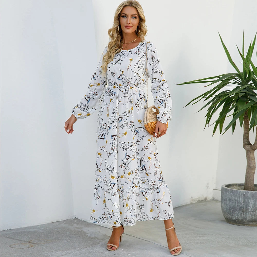👗 Women’s Bohemian Maxi Dress – Spring Autumn Casual Chiffon Dress with Full Sleeves, High Waist, and Floral Print
