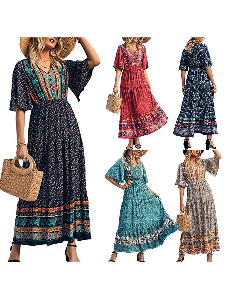 🌟 Fashion Summer Dress For Women Boho Print Design Short Sleeve V Neck Female Long Beach Dress﻿