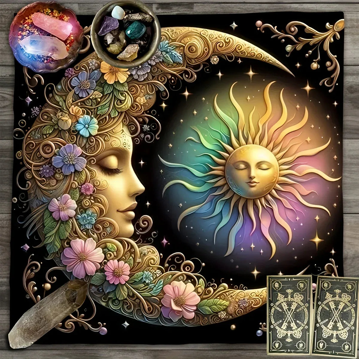 🃏 Elegant Sun & Moon Mandala Tarot Tablecloth – Starry Sky Witchcraft Altar Cloth for Astrology, Oracle Readings & Black Tarot Mat