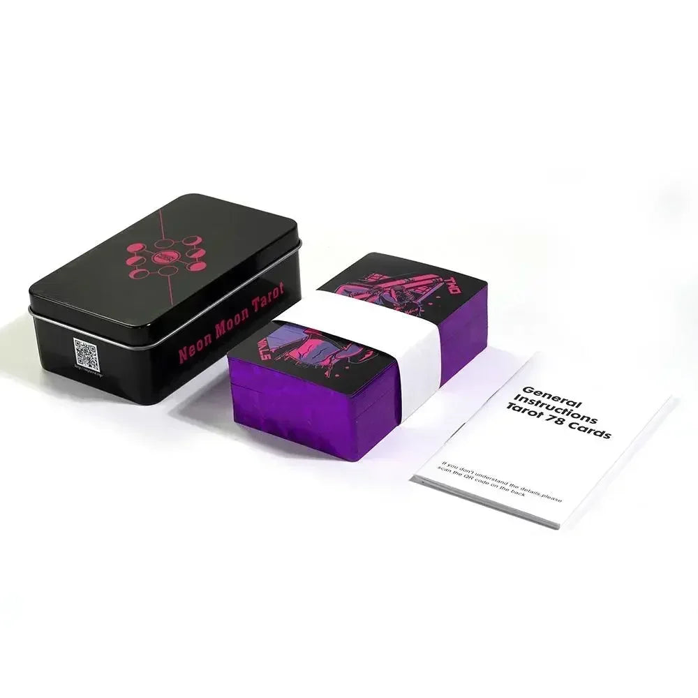🌑 Neon Moon Tarot Deck – 78 Cards | Compact 10.3 x 6 cm | Includes Guidebook & Tin Box | Fusion of The Light Seers & Adventure Time Tarot | Family & Party Divination Game