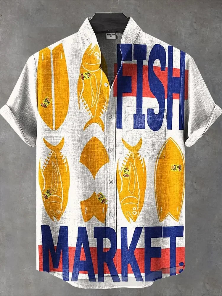 ✨ The Sovereign Zen-Fish Heritage: Premium Men's Cotton-Linen Blend Casual Shirt – Retro 3D Artistic Print, Breathable Short-Sleeve Button-Up (Ropa Casual Para Hombre) with Vintage Tailored Fit SFQQQD842