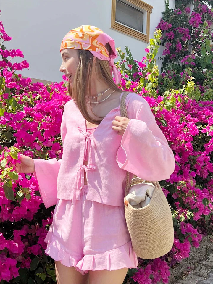 👗 Bronladies Luxe Lace-Up Summer Ensemble: Breathable Flounce Shorts & Long Sleeve Relaxed Fashion Set