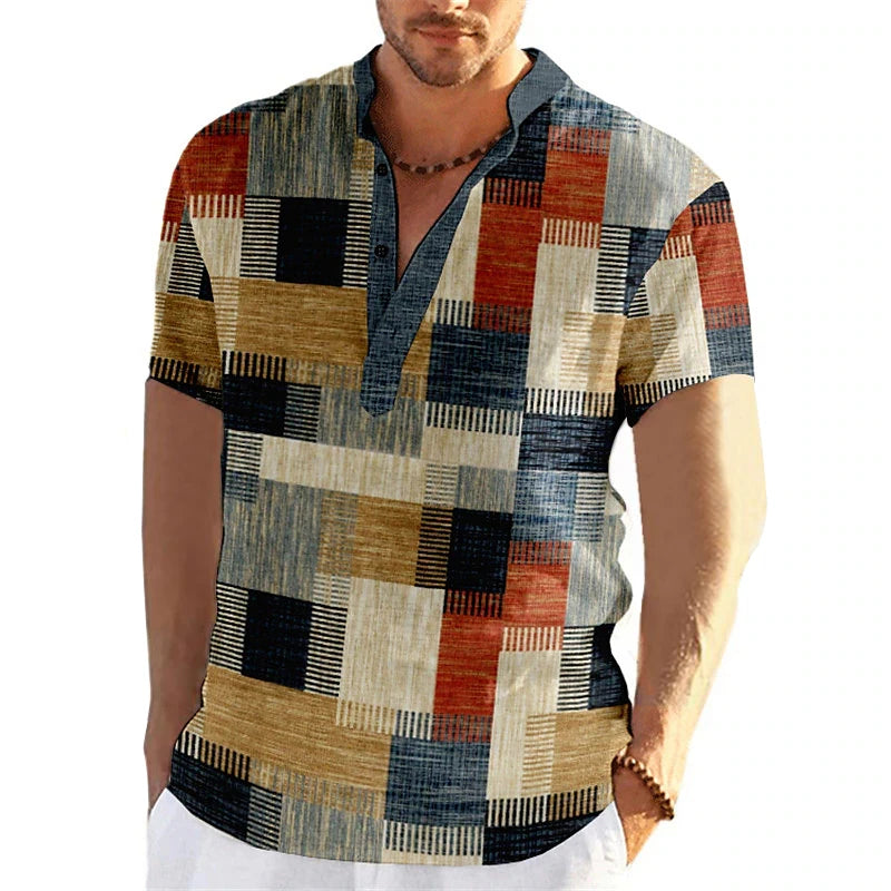 🎨 The Neo-Vintage 3D Patchwork Henley: Premium Men's Color-Block Fashion Tee – High-Definition Digital Print, Breathable Short-Sleeve 3-Button Henley, and Sophisticated Slim-Relaxed Fit