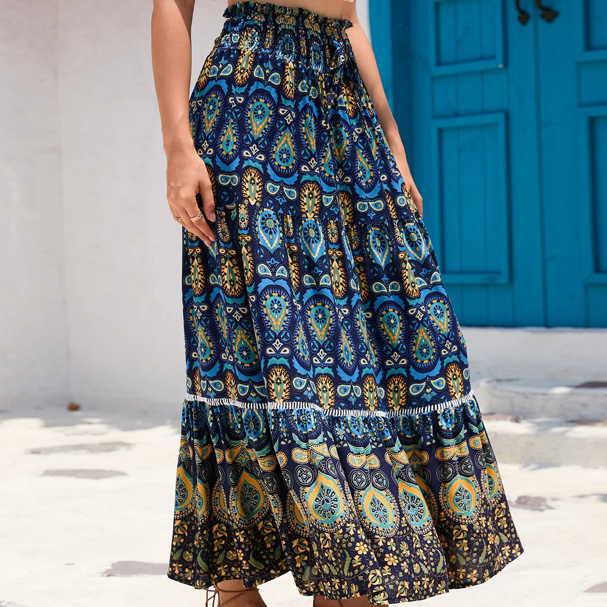 🛍️ Bohemian Printed Skirt – Ethnic Splicing A-Line Long Skirt for Women’s Holiday and Beach Travel