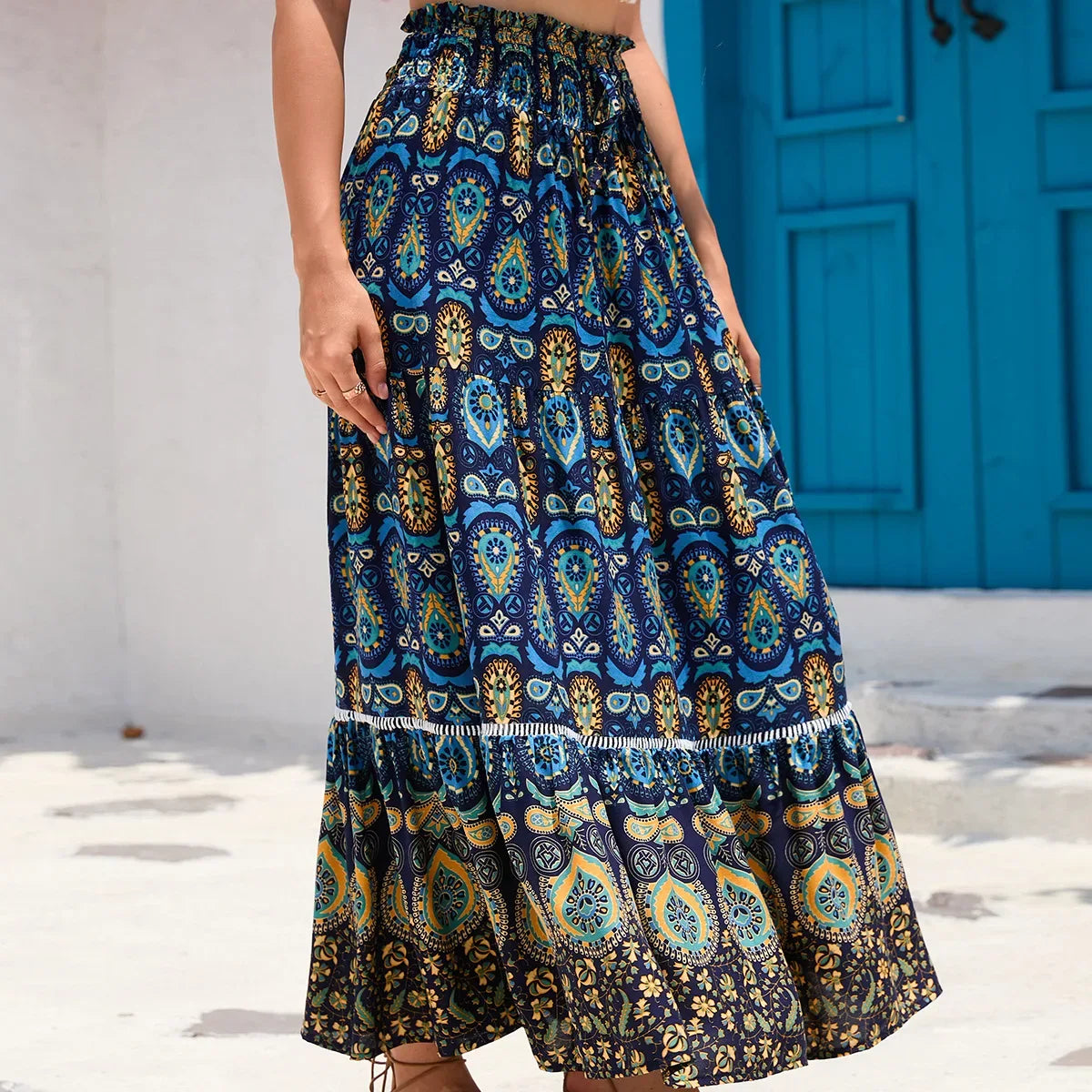 Bohemian Printed Skirt - Ethnic Splicing A-Line Long Skirt for Holiday and Beach Travel