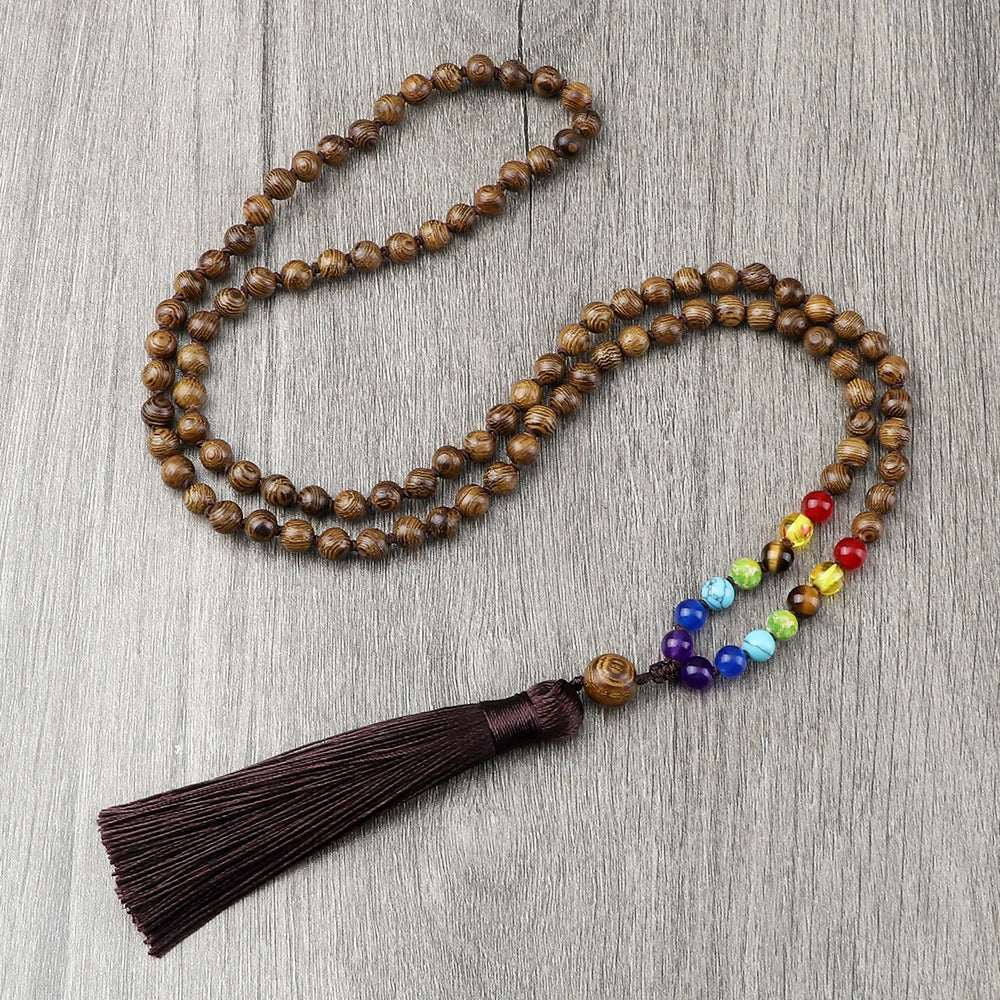 🌳 7 Chakra Wooden Japamala Necklace: Vintage Tree of Life 108 Bead Mala – Meditation, Yoga & Prayer Rosary with Healing Tassel 6mm 7 Chakra