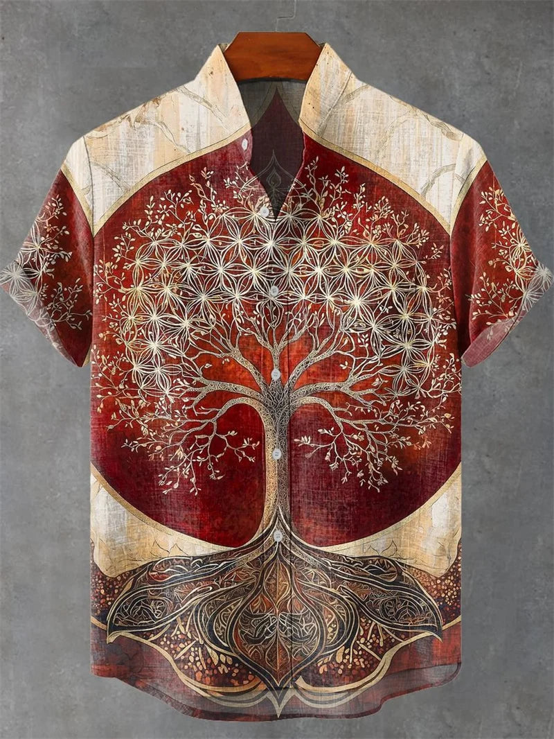 🐍 The Serpent & Solstice Art Edition: Premium Men’s Organic Linen Shirt – High-Definition Snake & Sacred Tree Illustration, Vintage Sun Graphic, Breathable Short-Sleeve Casual Button-Down FX8413