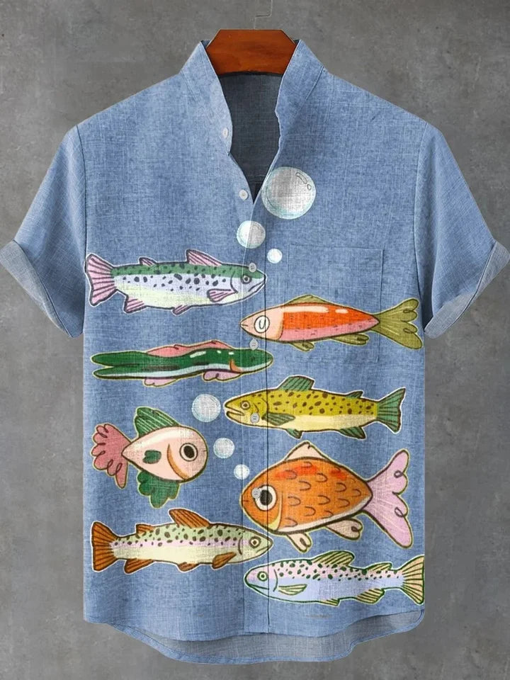 🐟 The Retro-Angler Mandarin Edition: Premium Men’s Stand-Up Collar Linen Shirt – High-Definition 3D Fish Pattern, Breathable Organic Cotton-Linen Blend, and Sophisticated Vintage Casual Silhouette