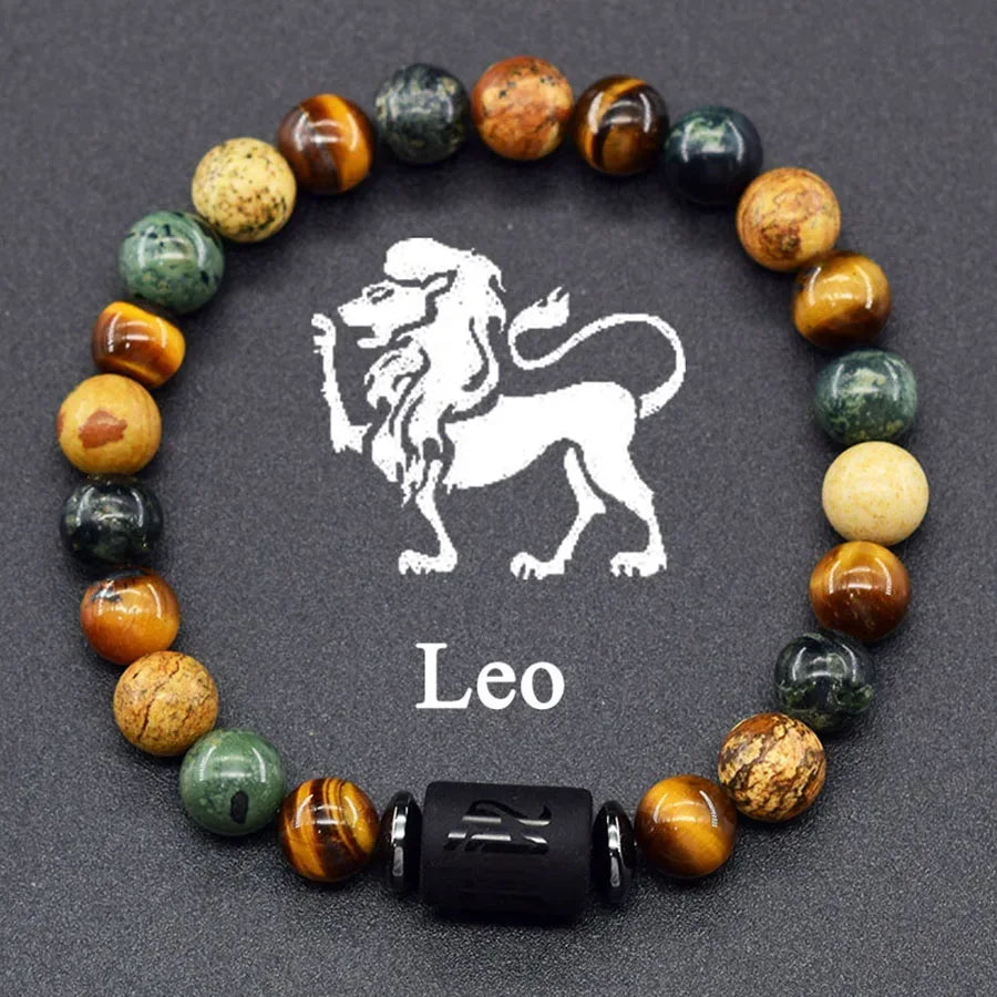 ✨ 12 Zodiac Sign Bracelet Homme – Natural Yellow Tiger Eye Stone & Hematite Constellation Bangle – Cancer, Taurus, Libra Astrology Bracelet for Women 28 Leo 8 mm Beads