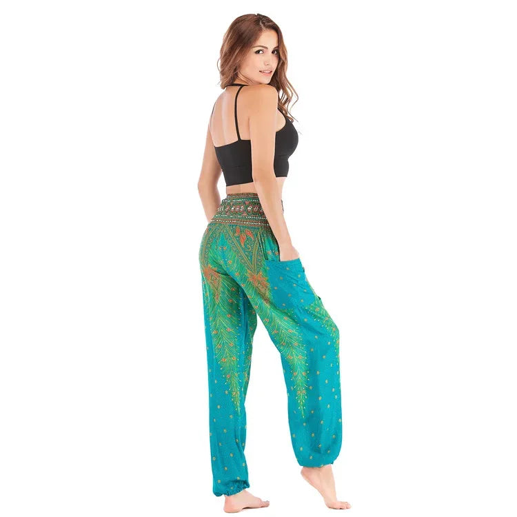 Women's Boho Yoga Pants - High Waist Floral Print Harem Leggings with Pockets for Comfort and Style