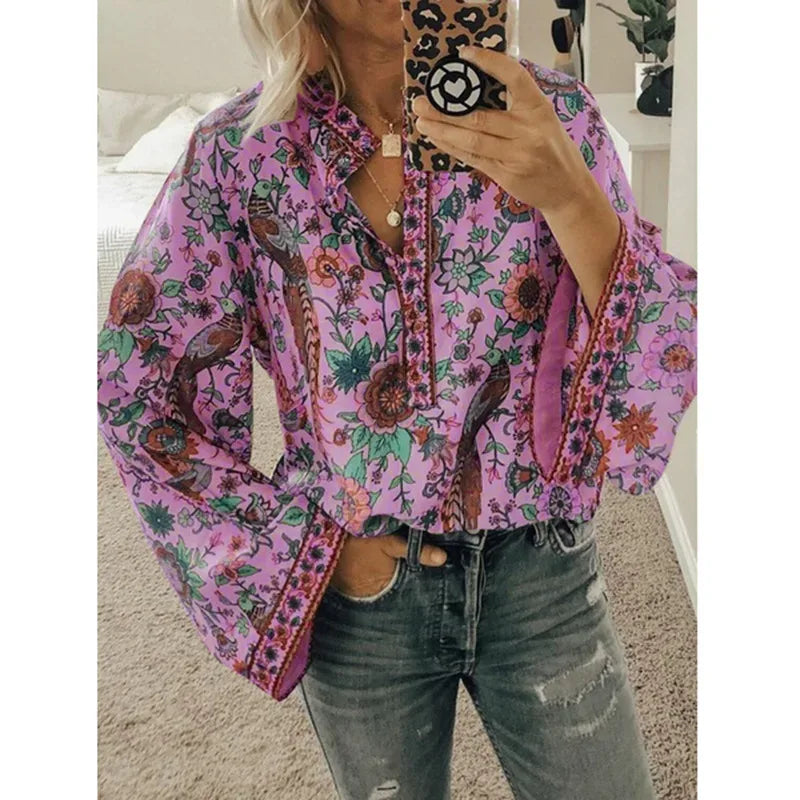 Women's Floral Print Blouse - New Summer Design, Loose Fit, Flared Long Sleeves, Model CKX9070 Pink