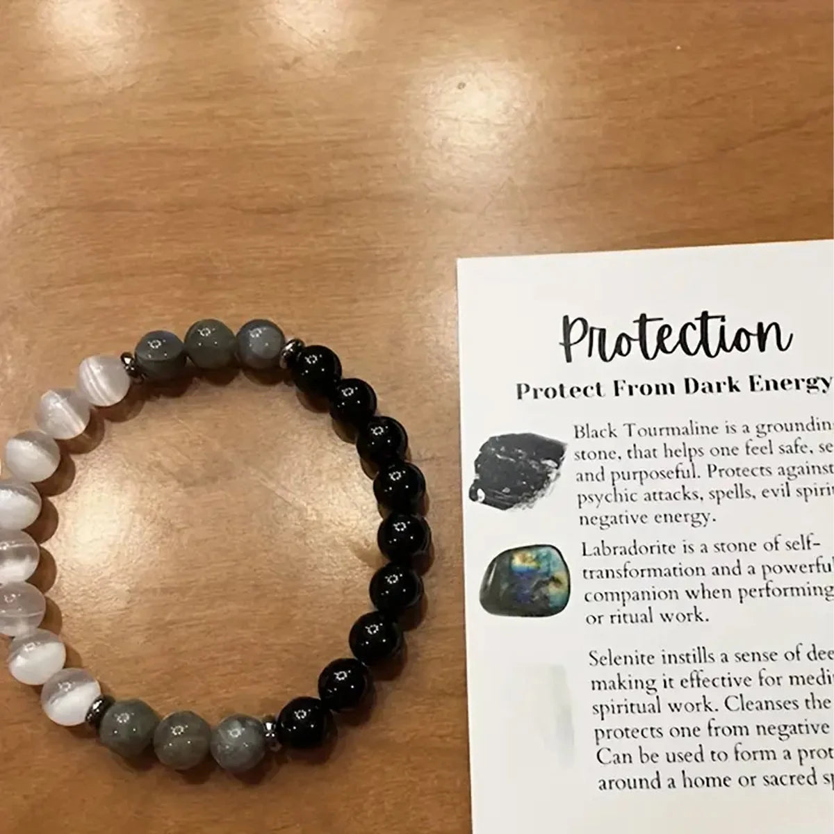 🛡️ Natural Stone Protection Bracelet – Black Tourmaline, Selenite & Labradorite 8mm Gemstone Beads for Energy Shield & Balance