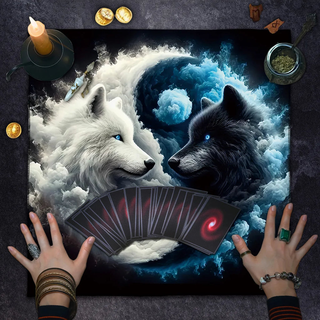 🃏Tai Chi Double Wolf Tarot Tablecloth – Yin Yang Wolf Divination Altar Cloth for Tarot Spreads, Card Games & Mystic Reading Setups