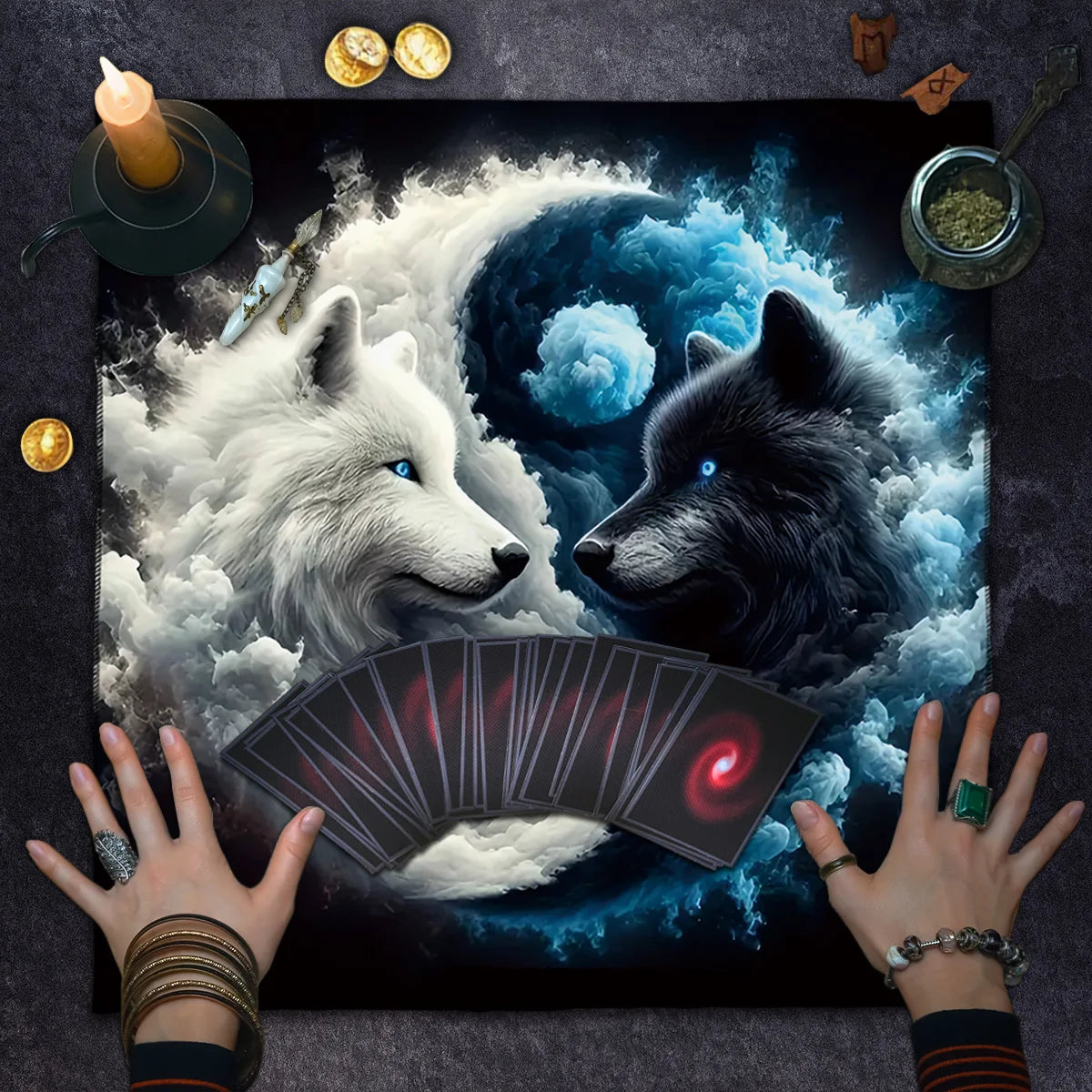 🃏Tai Chi Double Wolf Tarot Tablecloth – Yin Yang Wolf Divination Altar Cloth for Tarot Spreads, Card Games & Mystic Reading Setups