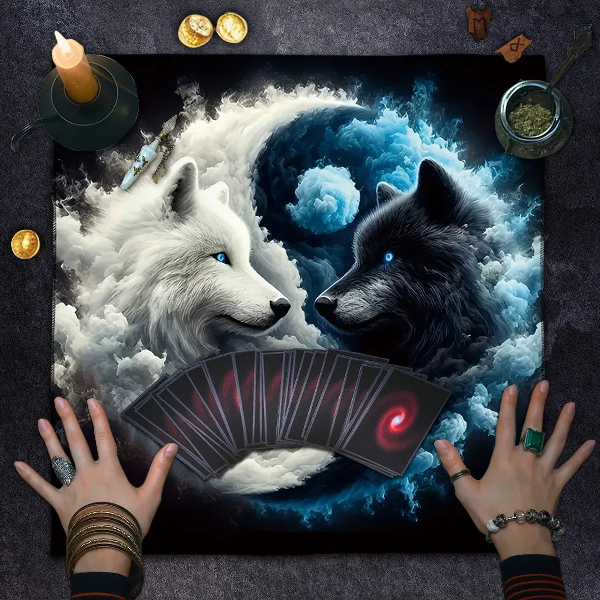 🃏Tai Chi Double Wolf Tarot Tablecloth – Yin Yang Wolf Divination Altar Cloth for Tarot Spreads, Card Games & Mystic Reading Setups