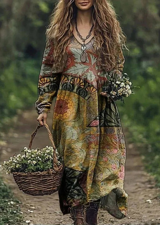 🛍️ Casual Women’s Vintage Printed Dress – V-Neck, Long Sleeves, Loose Large Swing Dress for Spring & Autumn