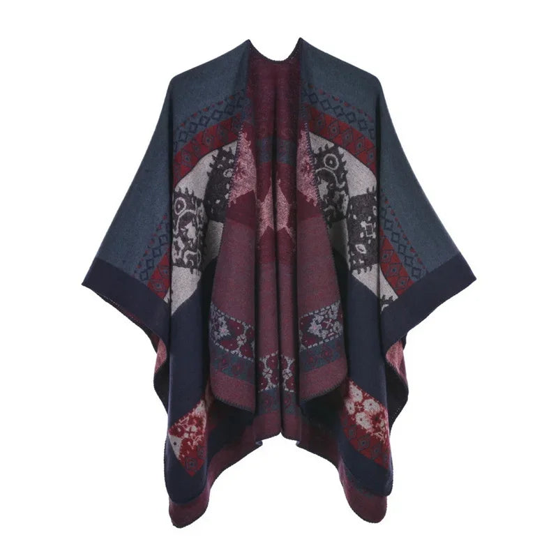 Winter Fashion Poncho Women Capes Scarf Imitation Cashmere Ladies Scarves Warm Shawls Wraps Woman Ponchos Bufanda Mujer Foulard One Size 1rhombic-navy red