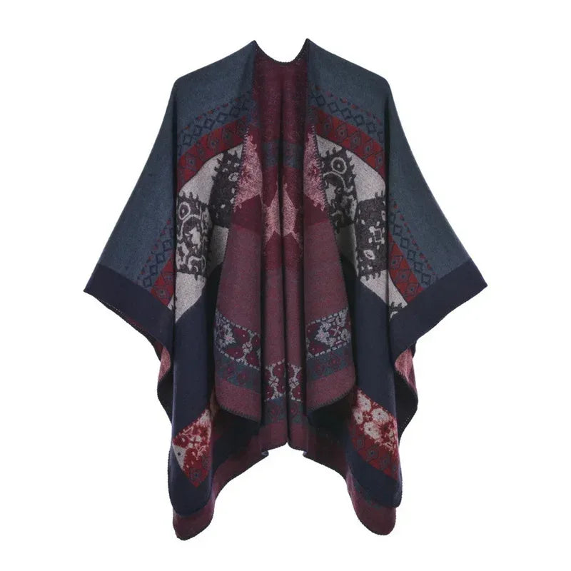 Women's Winter Poncho Wrap - Imitation Cashmere Shawl Cape & Scarf (130 x 150 cm) for Ultimate Warmth and Style One Size 1rhombic-navy red