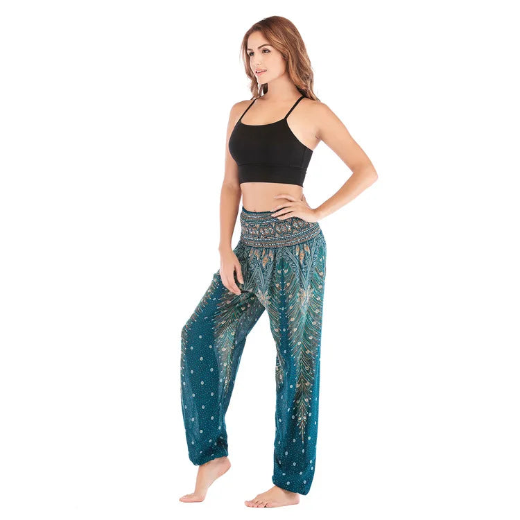 🧘‍♀️ Women’s Yoga Boho Pants – Floral Print Harem Leggings with Pocket, High Waist, Elastic Waistband, and Ankle Straps