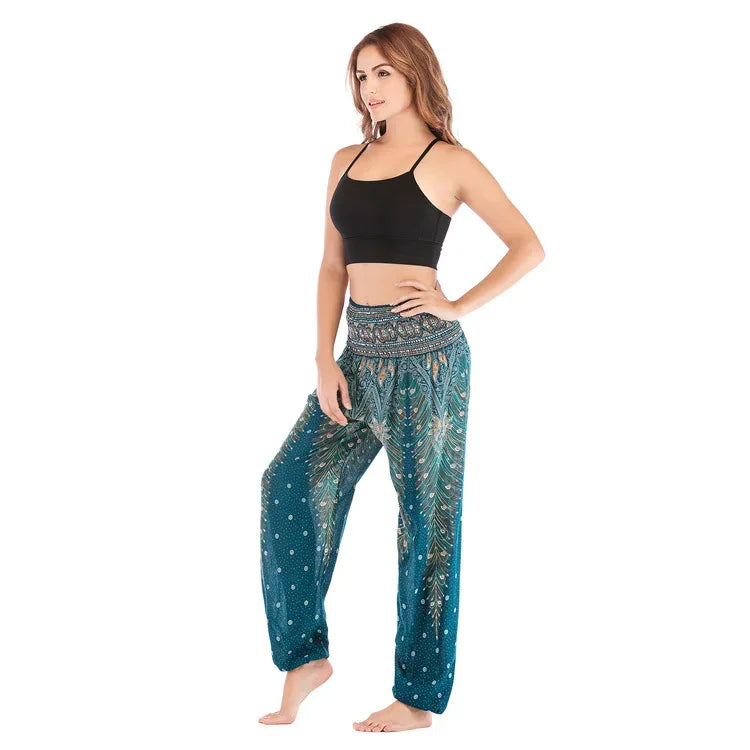 Women's Boho Yoga Pants - High Waist Floral Print Harem Leggings with Pockets for Comfort and Style