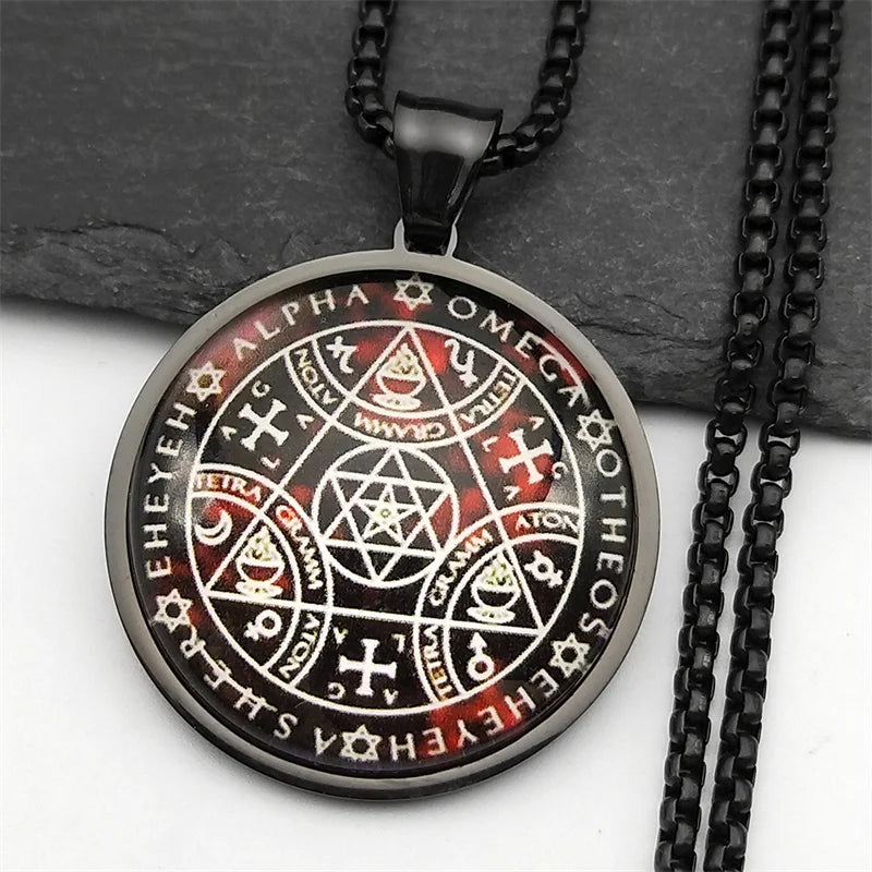 ✨ Key of Solomon Sigil Glass Round Medal Necklace – Stainless Steel Gold Color | Archangel Kabbalah Talisman Jewelry for Women & Men BK