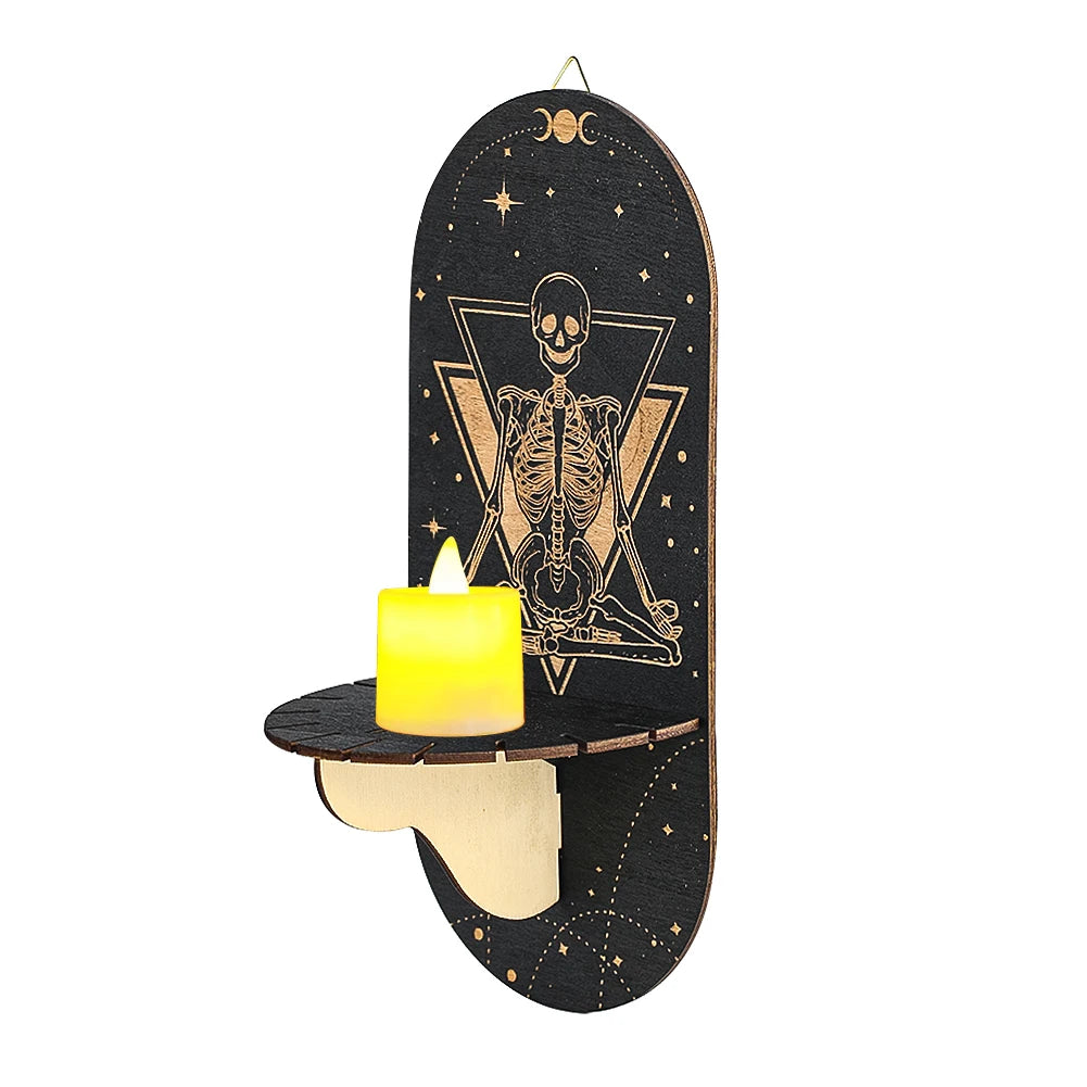 Boho Wooden Wall Bracket Floating Shelf – Hand-Carved Crystal & Candle Holder Display Stand for Spiritual and Decorative Use