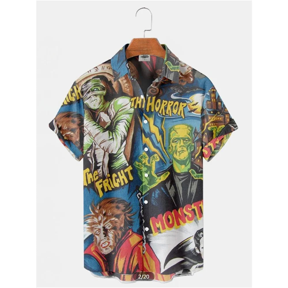 The Timeless Icon Edition Premium Men's Retro Character Graphic Shirt - High-Definition Vintage Animation Art Couples' Matching Halloween Style Hawaiian Beach Shirt, Breathable Quick-Dry Urban-Holiday Short-Sleeve Apparel