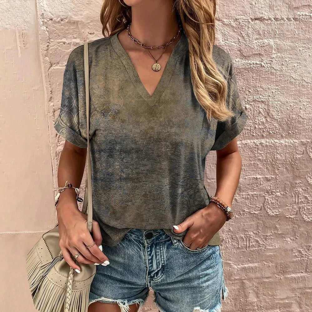 👚 Retro Women’s T-Shirt – Floral Print, Short Sleeve, V-Neck Harajuku Style Casual Blouse