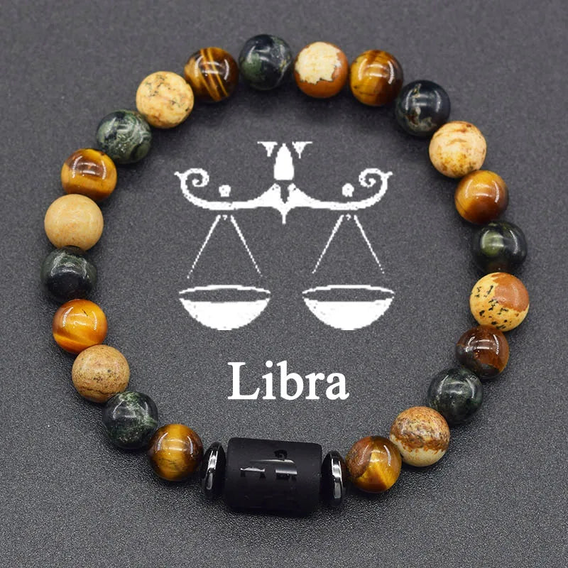 ✨ 12 Zodiac Constellation Sign Bracelet – Real Natural Tiger Eye Stone Bead – Leo & Taurus Charm Couple Jewelry for Men & Women 6 Libra 8 mm Beads