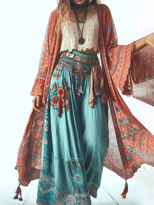 2025 Women’s Long Sleeve Boho Cardigan - Lightweight Mid-Length Boho Cardigan for Women with Vintage Print for Summer