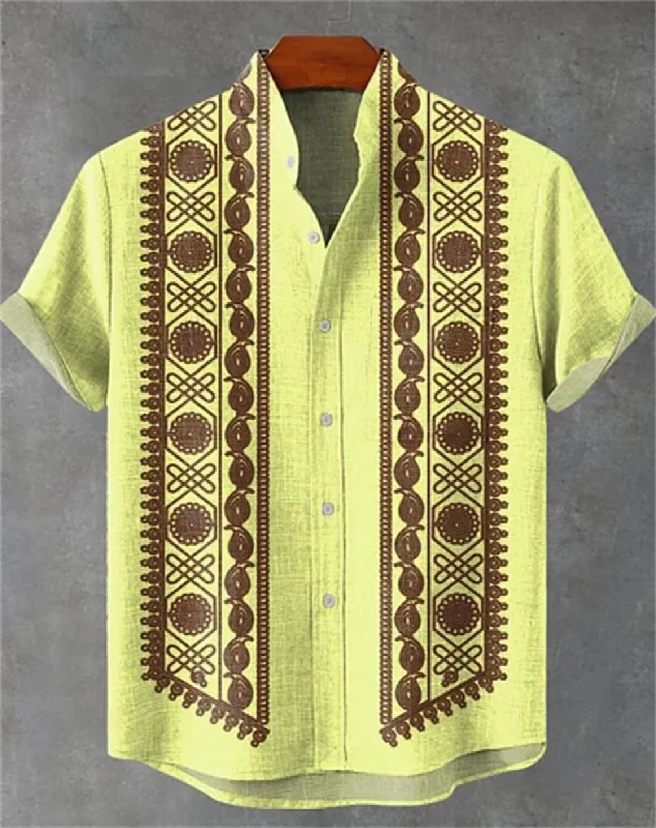 🌍 The Ethnic Heritage Edition: Premium Men’s Retro Linen Shirt – High-Definition Tribal Graphic Print, Breathable Organic Cotton-Linen Blend, and Sophisticated Modern-Fit Holiday Streetwear bkcs10