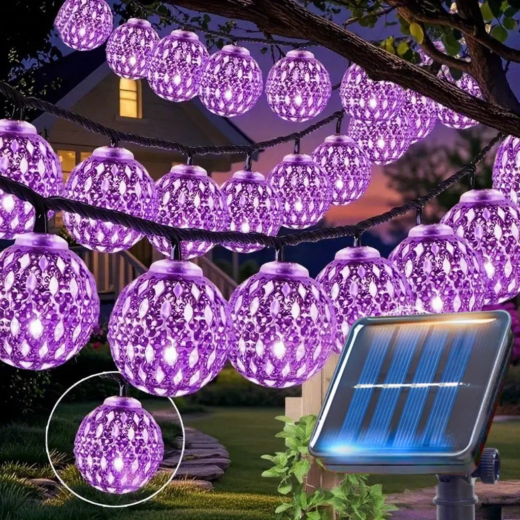 Solar Moroccan Ball String Lights – Multi-Mode Waterproof LED Fairy Lights for Festive Outdoor Ambiance and Garden Decor Purple
