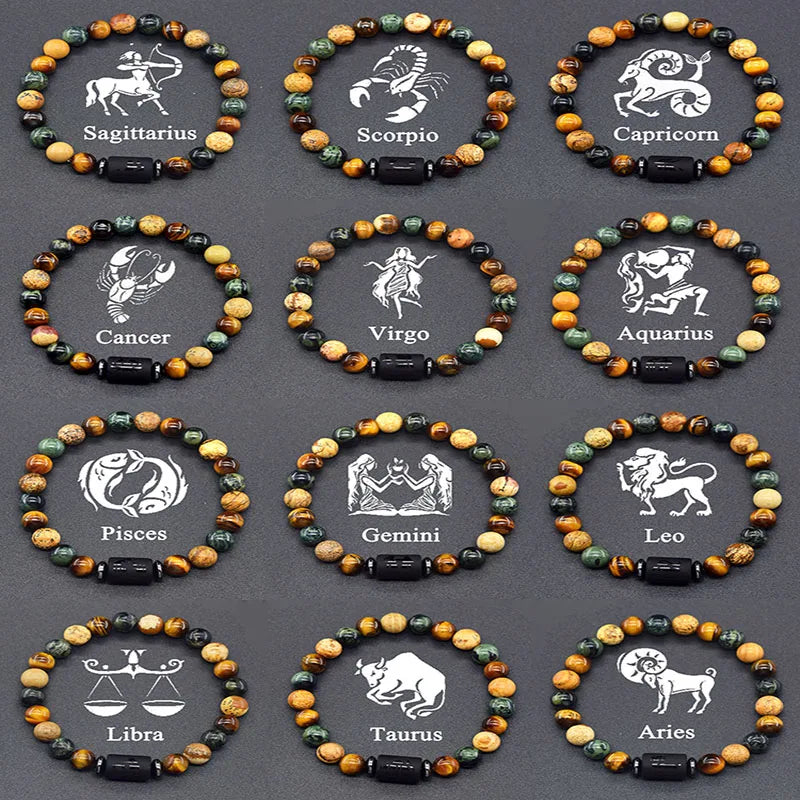 ✨ 12 Zodiac Constellation Signs Bracelet – Tiger Eye & Sparrow Picture Stone Beads – Virgo Charm Couple Jewelry for Men & Women 1 12 Pieces 8 mm Beads