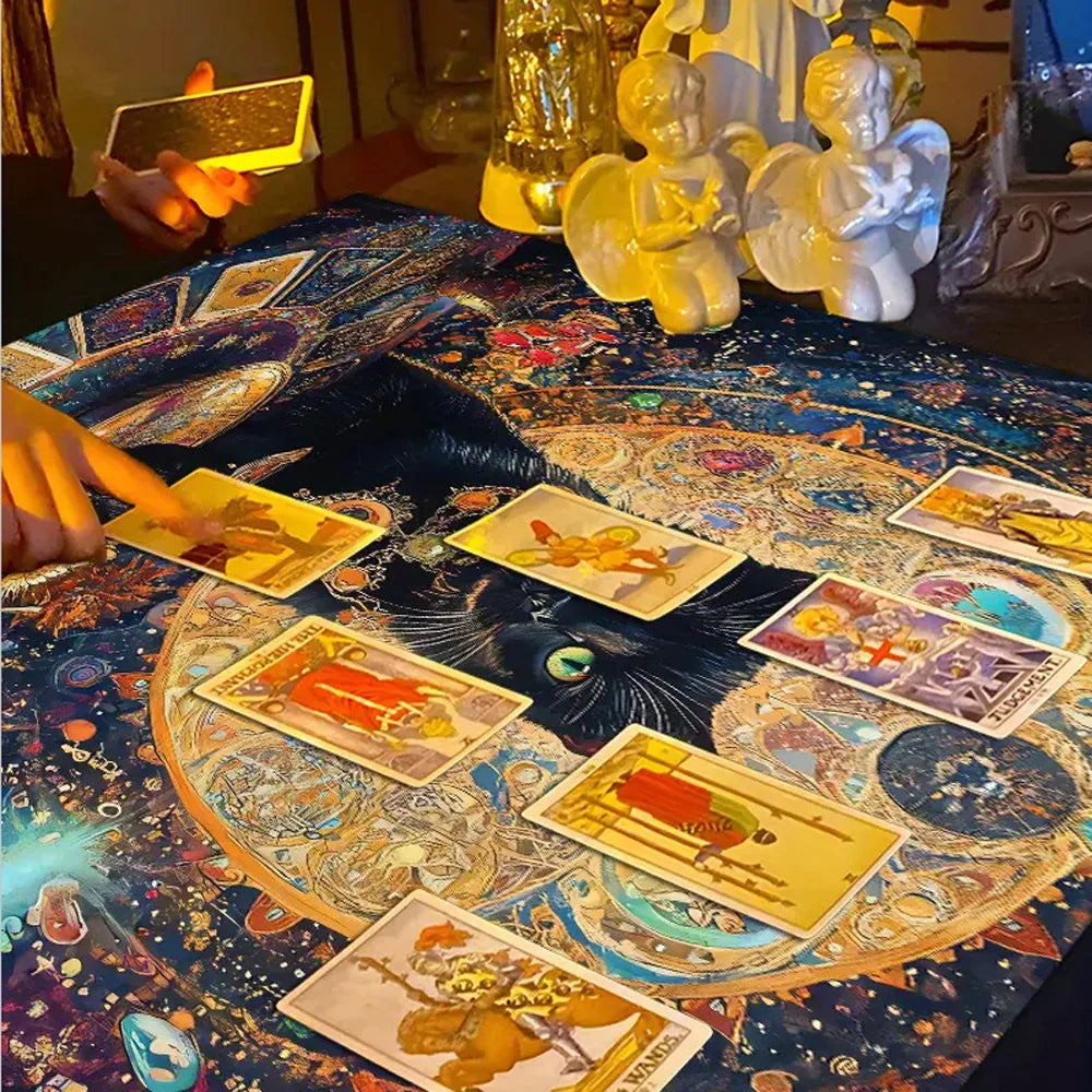 🔮Colorful Mandala Black Cat Altar Cloth – Tarot Tablecloth with Moon & Starry Sky for Witchcraft, Divination & Mystical Home Decor