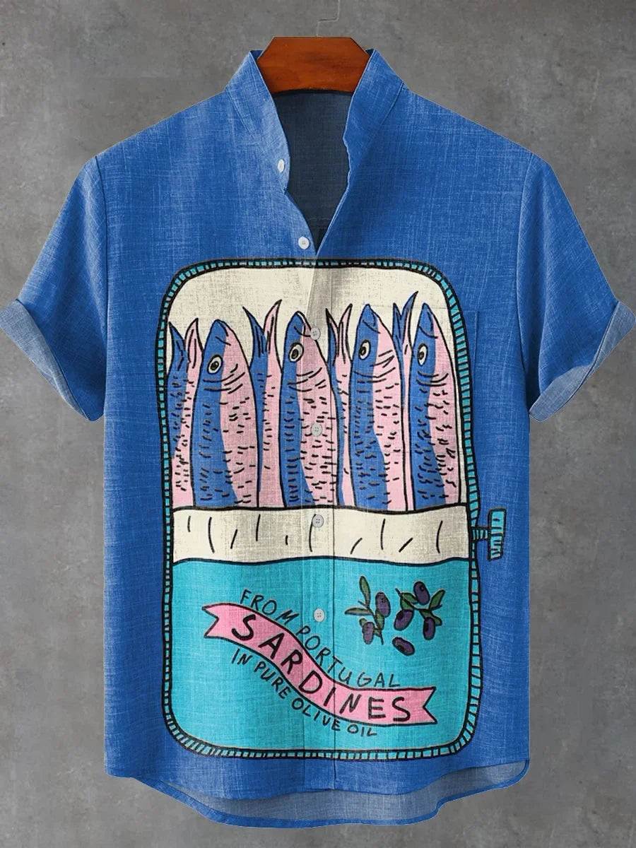 🐟 The Retro-Angler Mandarin Edition: Premium Men’s Stand-Up Collar Linen Shirt – High-Definition 3D Fish Pattern, Breathable Organic Cotton-Linen Blend, and Sophisticated Vintage Casual Silhouette ZD355
