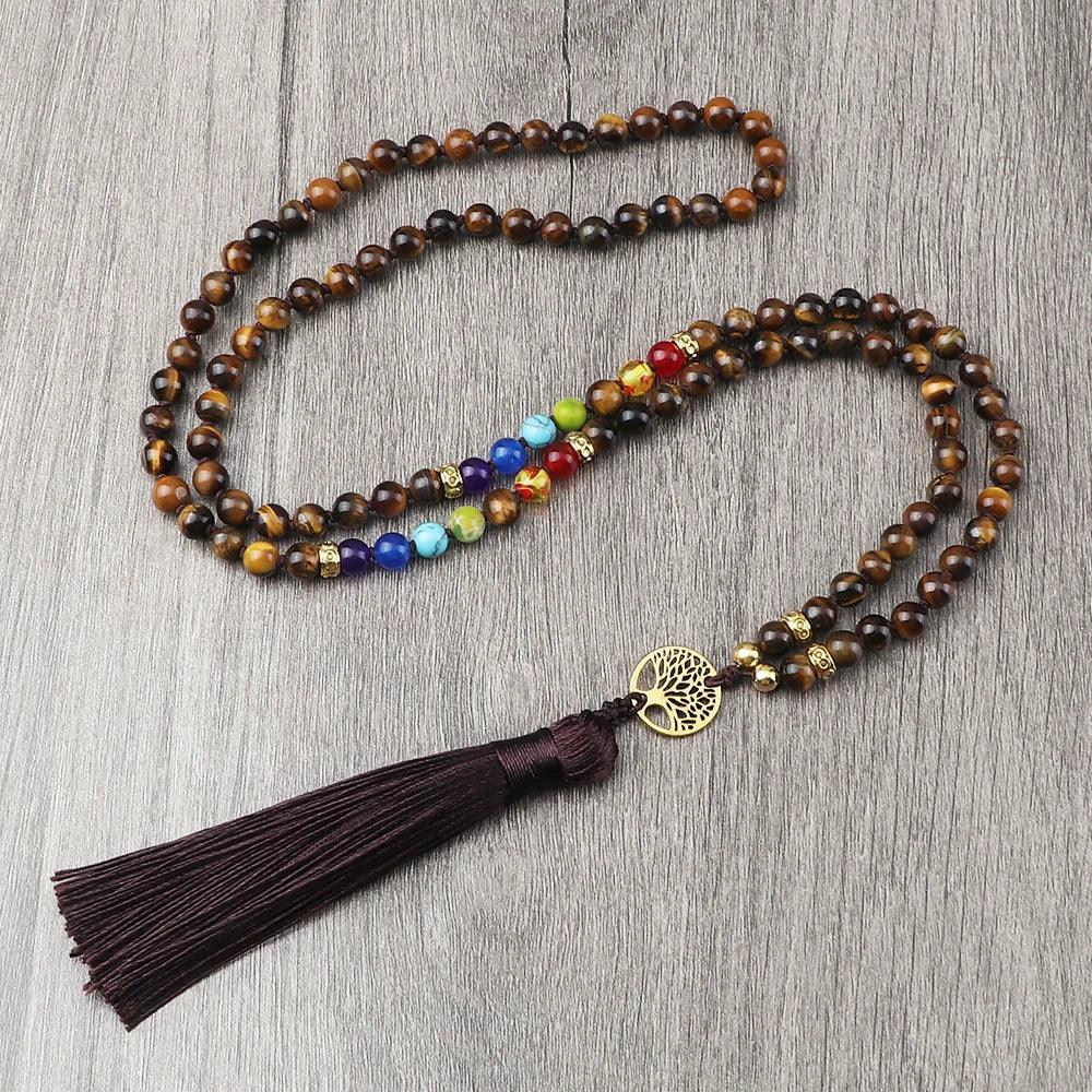 🐯 Tiger Eye & Black Onyx 108 Mala Necklace with Tree of Life Pendant – 7 Chakra Healing Crystal Beads & Protection Rosary Jewelry for Men & Women