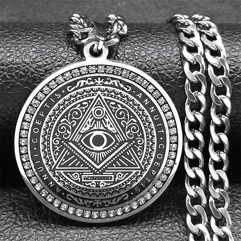 👁️ Eye of Providence Illuminati Pyramid Necklace – Large Crystal Pendant | Men's Hip Hop Style | Stainless Steel Gold Color Chain Accessories 60cm NK SR