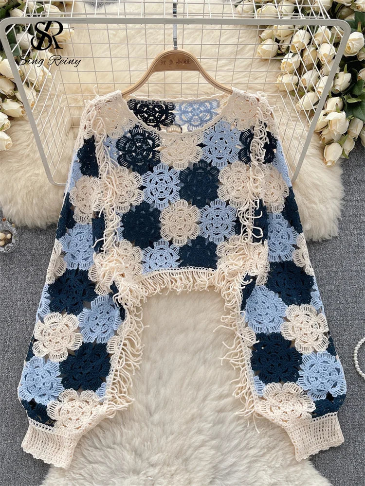 SINGREINY Bohemian Hollow Out Top - Tassels Knit Long Sleeve Blouse with Hook Flower Design for Vintage Y2K Chic Streetwear One Size blue