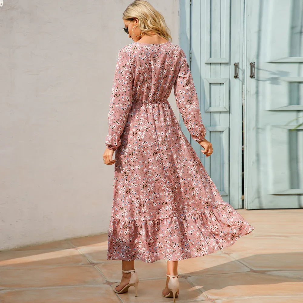 Women’s Bohemian Maxi Dress - Casual Chiffon Dress with Full Sleeves, High Waist, and Floral Print for Spring and Autumn