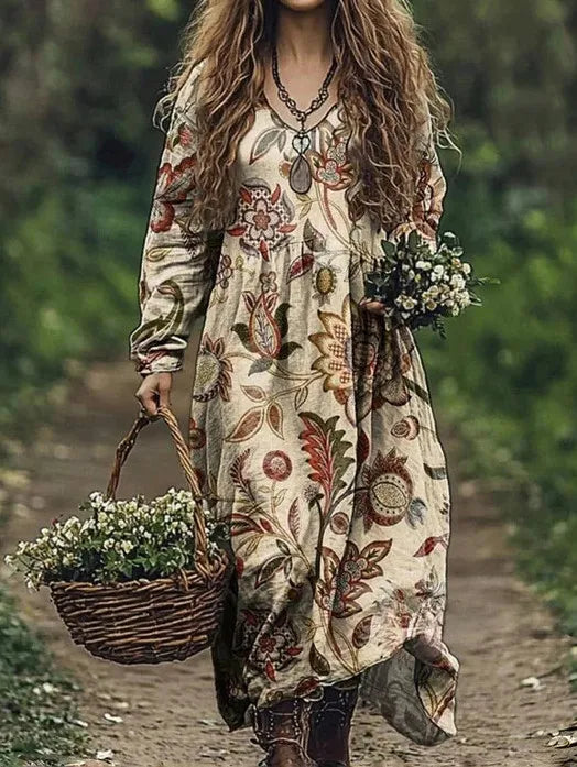 🛍️ Casual Women’s Vintage Printed Dress – V-Neck, Long Sleeves, Loose Large Swing Dress for Spring & Autumn