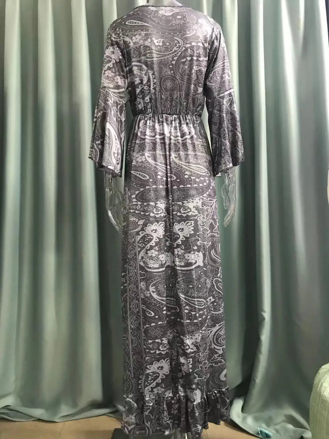 👗 European and American Bohemian Style Flared Sleeve Print V-Neck High Waisted Vacation Dress – Floral Women’s Long Skirt