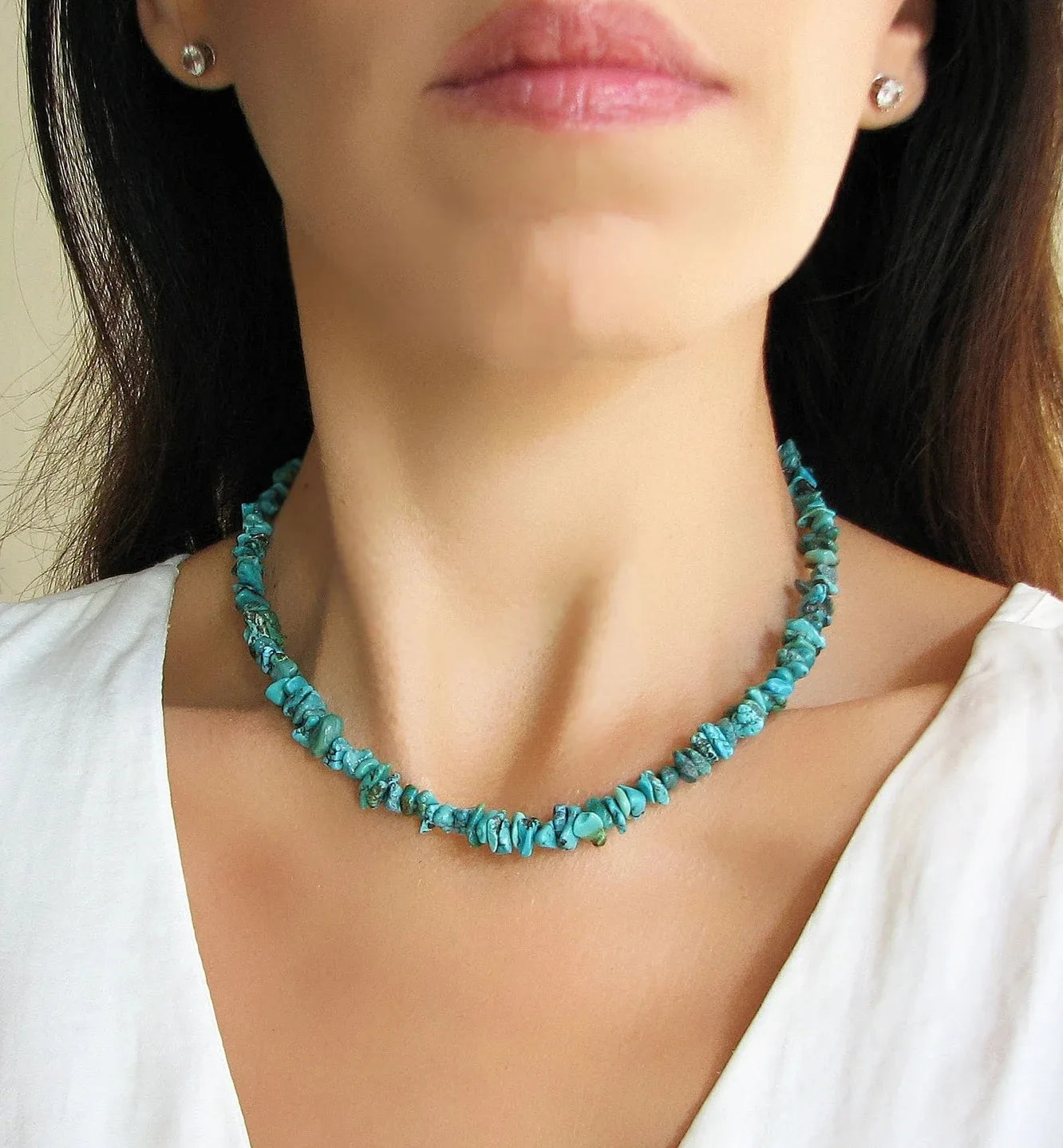 ✨ Turquoise Crystal Beaded Necklace – Perfect 11th Anniversary Gift for Wife – December Birthstone & Chakra Chip Choker A1