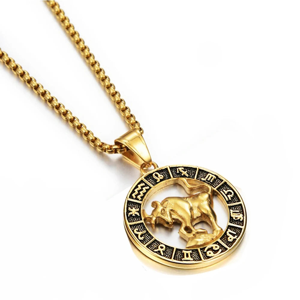 ♌♏ Zodiac Sign Leo Scorpio Pendant Necklace – Gold Color Stainless Steel Round 12 Constellation Design Unisex Astrology Jewelry Stylish Gift for Women and Men Taurus Gold Color