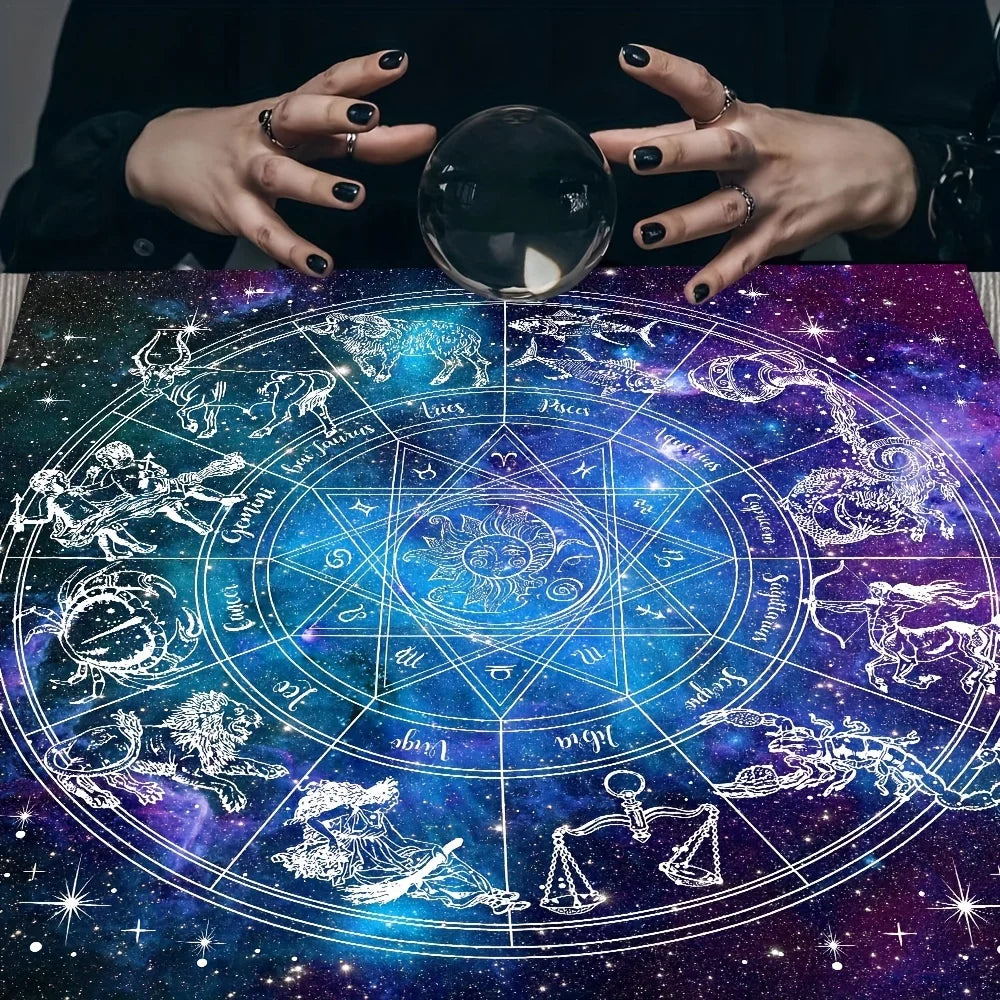 🃏 VIKAMA Zodiac Constellation Tarot Tablecloth & Coaster Set – Starry Divination Cloth for Reading Rooms, Astrology Altars & Card Protection YLB-1033