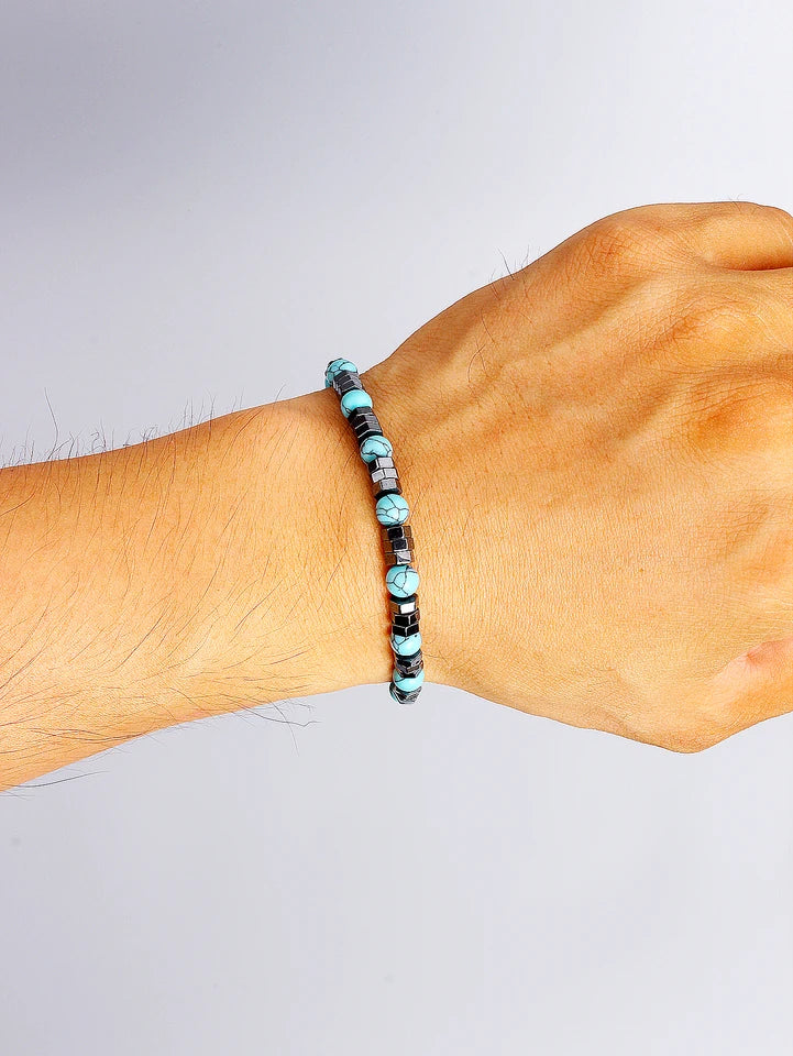 ✨ Hematite & Turquoise Bracelet – Geometric Irregular Natural Stone Beads – Strength, Confidence & Vigour Crystal Jewelry